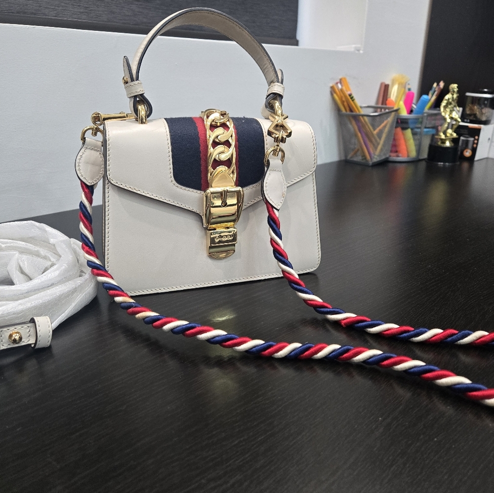 GUCCI Logo Sylvie 2Way Mini Shoulder Hand Bag Leather White